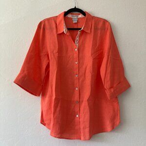 Chico's 100% Linen Coral Button Front Top 3/4 Sleeves Lagenlook Breezy Size 12